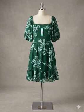 Green Floral Square-Neck Puff Sleeve Dress